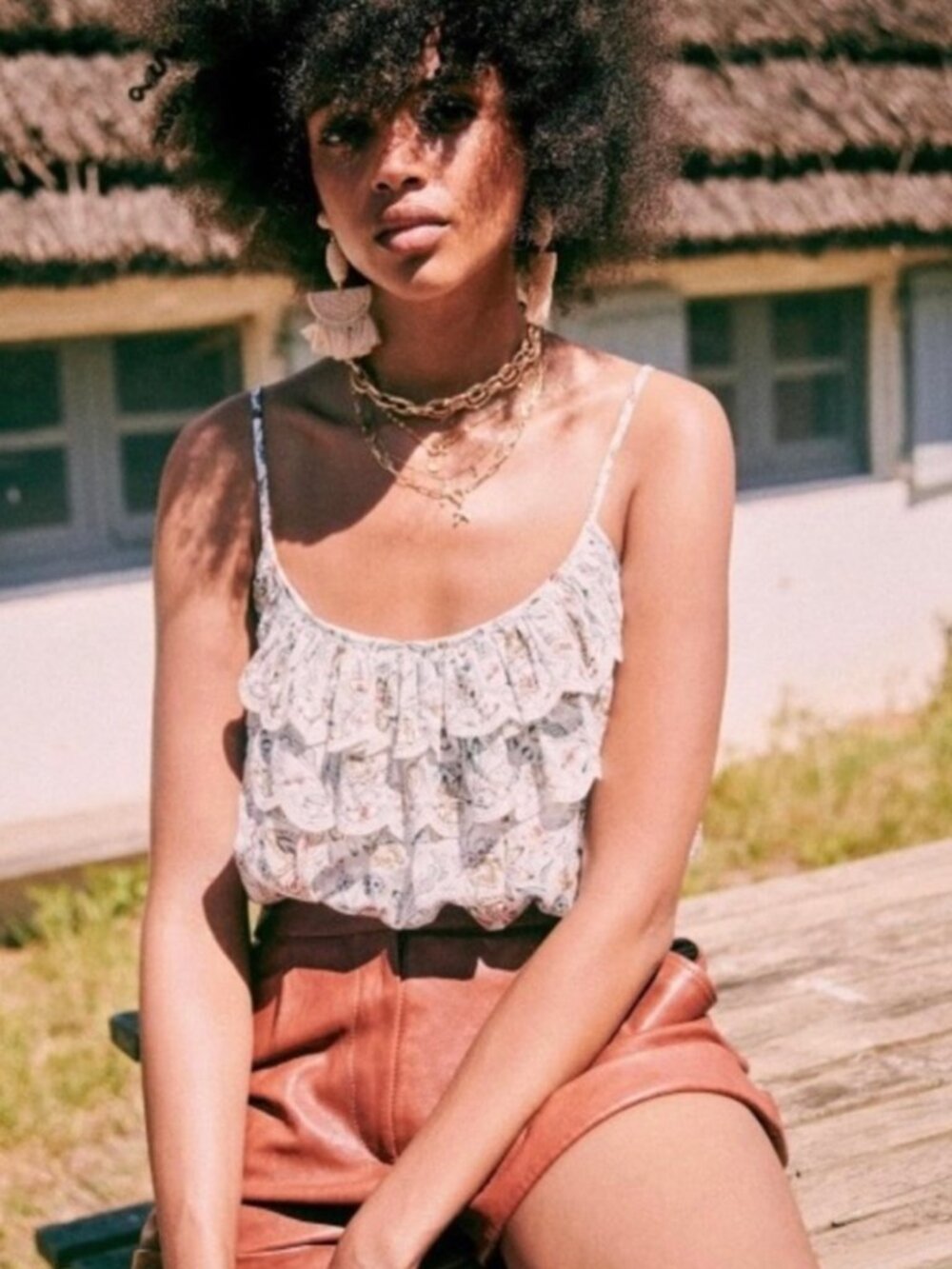 Sézane Tiered Lace Trim Floral Blouse